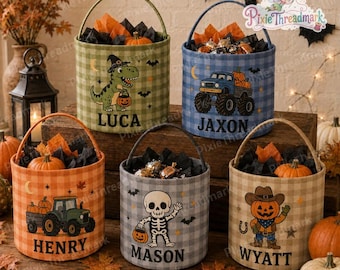 Panier à bonbons d'Halloween personnalisé, seau à bonbons vichy personnalisé, sac à bonbons citrouille squelette, sac à bonbons d'Halloween