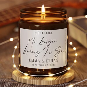 No Longer Living In Sin Soy Candle, Custom Wedding Gift For Couple, Newlywed Candle, Wedding Date Candle, Funny Wedding Gift For Groom Bride