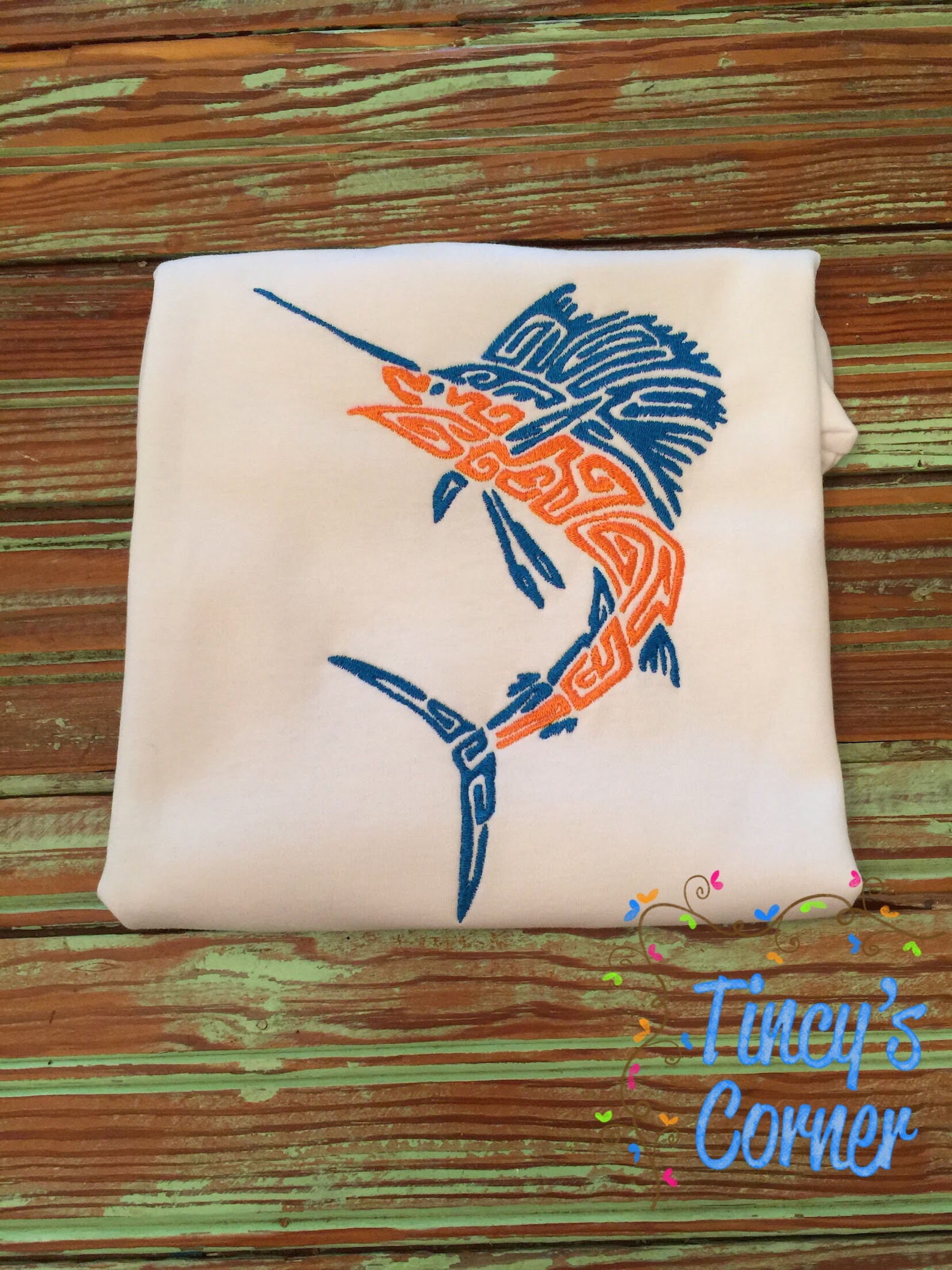 Blue Marlin Swirl Embroidery, Animal Embroidery, Summer Embroidery