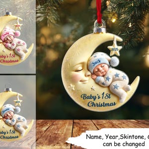3D Effect Baby On Moon First Christmas Personalized Acrylic Ornament, Moon & Star Newborn Baby Sleeping Christmas Gift 2025 For Boys Girls