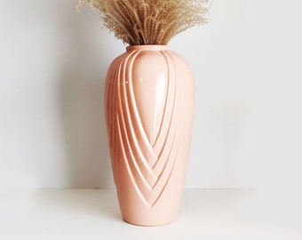 21 inch Art Deco Revival Fluted Ceramic Vase in peach / coral