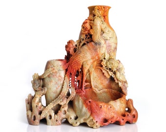 Chinese Soapstone Fenghuang Brush Pot, Spill Vase, Asian carved art sculpture