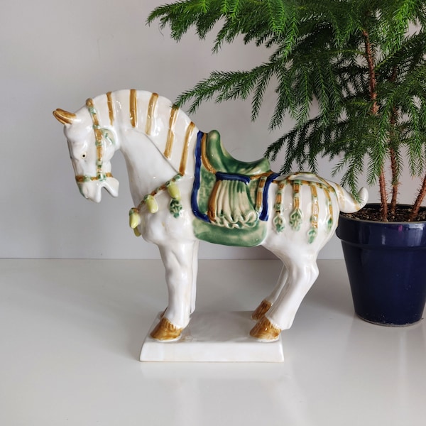 Caparisoned Horse Figurine, vintage ceramic equestrian art