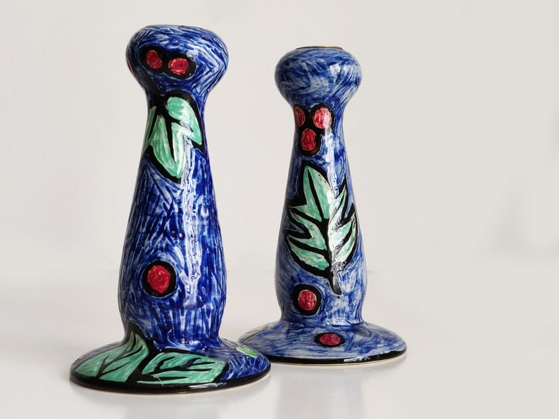 Evandale Stoneware Candlesticks, handpainted blue candle holders with leaves and berries image 3