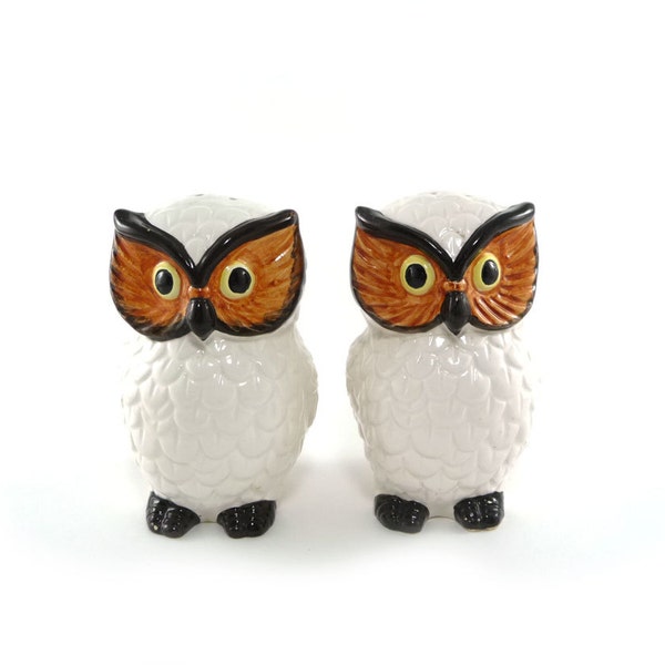 Vintage owl salt & pepper shakers - white, orange, black ceramic birds