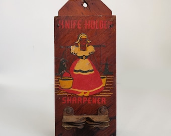 Vintage Dutch Girl Knife Holder with Sharpener, wall hanging knife storage, for decor only