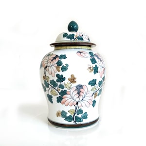 Pink and Green on White vintage Ginger Jar with Lid
