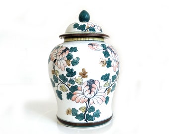 Pink and Green on White vintage Ginger Jar with Lid