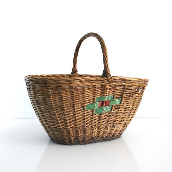 Large Antique Basket with red and green accent / Rustic Farmhouse Decor