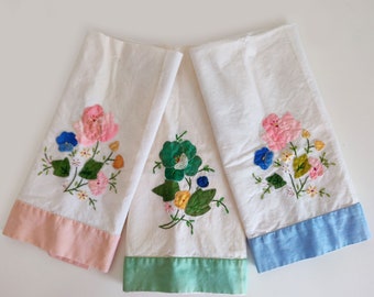 Set of 3 1950s Cotton Floral Applique hand towels in pink, blue and green