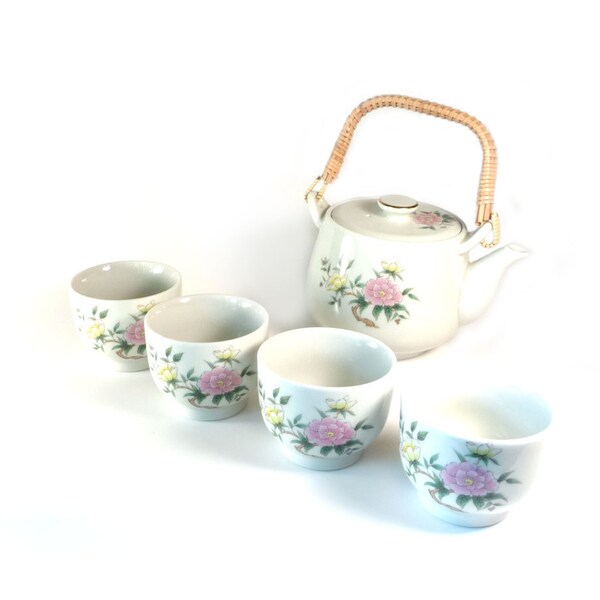 Otagiri teapot and cups - delicate white tea service, blue bird and flowers