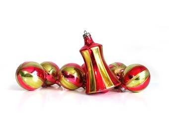 Red & Gold Vintage Glass Christmas Ornaments, set of 7