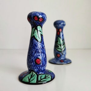 Evandale Stoneware Candlesticks, handpainted blue candle holders with leaves and berries image 4