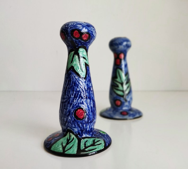 Evandale Stoneware Candlesticks, handpainted blue candle holders with leaves and berries image 4