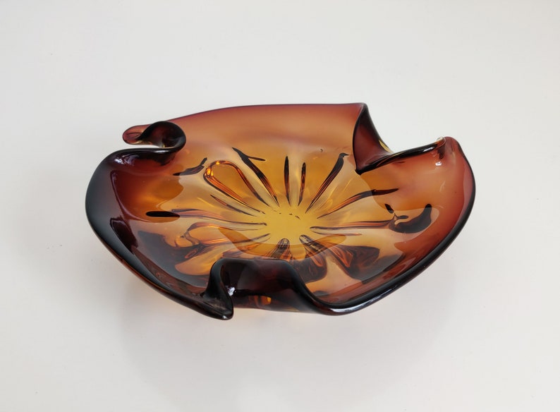 Wavy Amber Art Glass Ashtray image 5