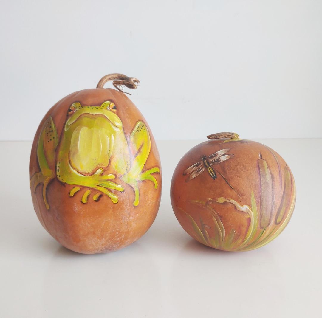 Vintage Artist Signed Painted Gourds - Kim Cabbage Frog and Dragonfly ...