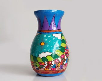 Vintage Mexican folk art hand painted Clay Vase