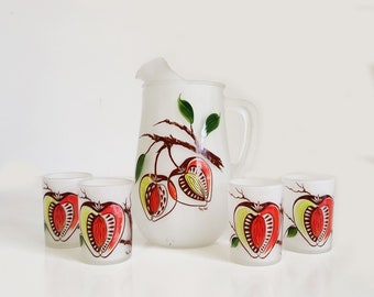 1960s Gay Fad Frosted Glass Pitcher Set with 4 glasses and stone fruit design