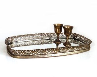 Mirrored Vanity Tray with Brass Filigree Frame, vintage perfume display tray