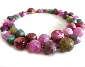 Mid Century Jewel Tone Two Strand Necklace / molded bead jewelry