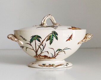 c.1878 Copeland Oblong Tureen or Vegetable dish - damaged Polychrome Transferware serving dish, palm and egrets, heron