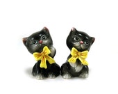 Vintage kitten Miyao Norcrest salt & pepper shakers with original stickers / Black cat shakers
