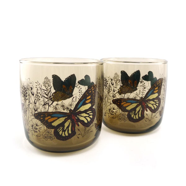 Vintage butterfly glasses, Anchor Hocking drinking glasses, brown glass, juice glasses