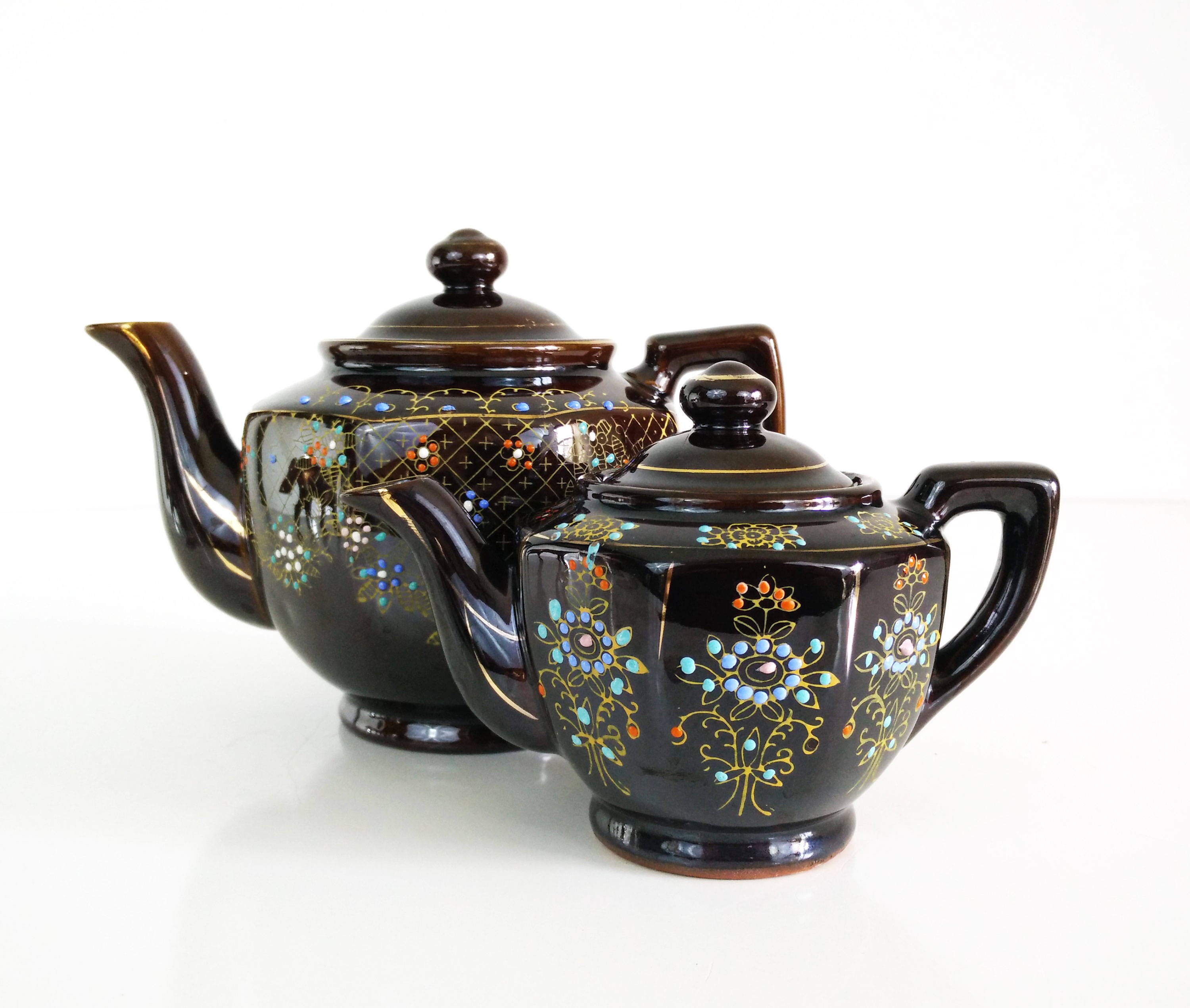 Vintage Japanese Hand Painted Teapots Set of 2 Etsy