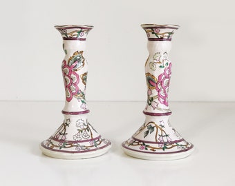 Vintage White pink and green  Ceramic Candlesticks, candle holders