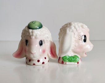 Sheepish Lambs Shaker Set, anthropomorphic salt and pepper shakers, lambs in fancy dress