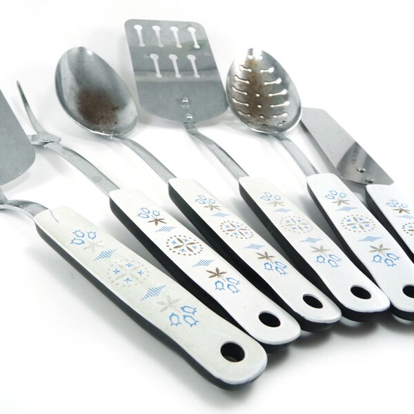 Vintage kitchen utensils - Ecko stainless blue white black complete set