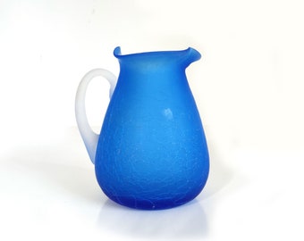 Hand blown Blue Crackle Glass Pitcher