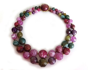 Mid Century Jewel Tone Two Strand Necklace / molded bead jewelry