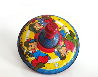 Vintage Tin Spinning Top Toy with wooden handle and bears playing baseball