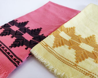 Pair of Vintage Huck Weave Kitchen Towels or Hand towels in pink and yellow