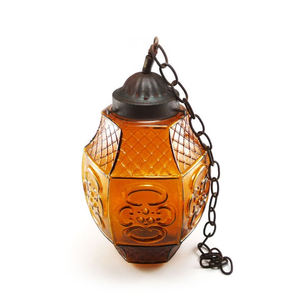 Vintage pendant light, Amber glass hanging lamp globe lighting fixture