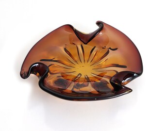 Wavy Amber Art Glass Ashtray