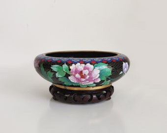 8 inch Chinese Cloisonne Bowl with pink flowers on black and gold background and carved wood stand