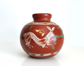 Hand painted Red Clay Pottery Vase Folk Art Jar from Mexico