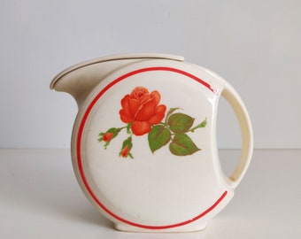 Art Deco Ceramic Disc Pitcher with Lid, Orange Rose and Stripe, refrigerator pitcher, water pitcher