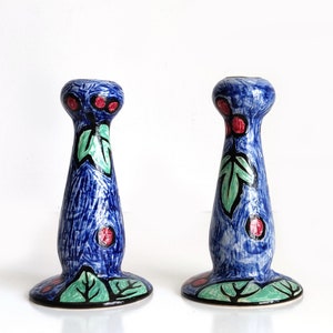 Evandale Stoneware Candlesticks, handpainted blue candle holders with leaves and berries image 1