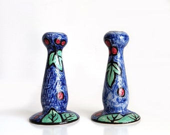 Evandale Stoneware Candlesticks, handpainted blue candle holders with leaves and berries