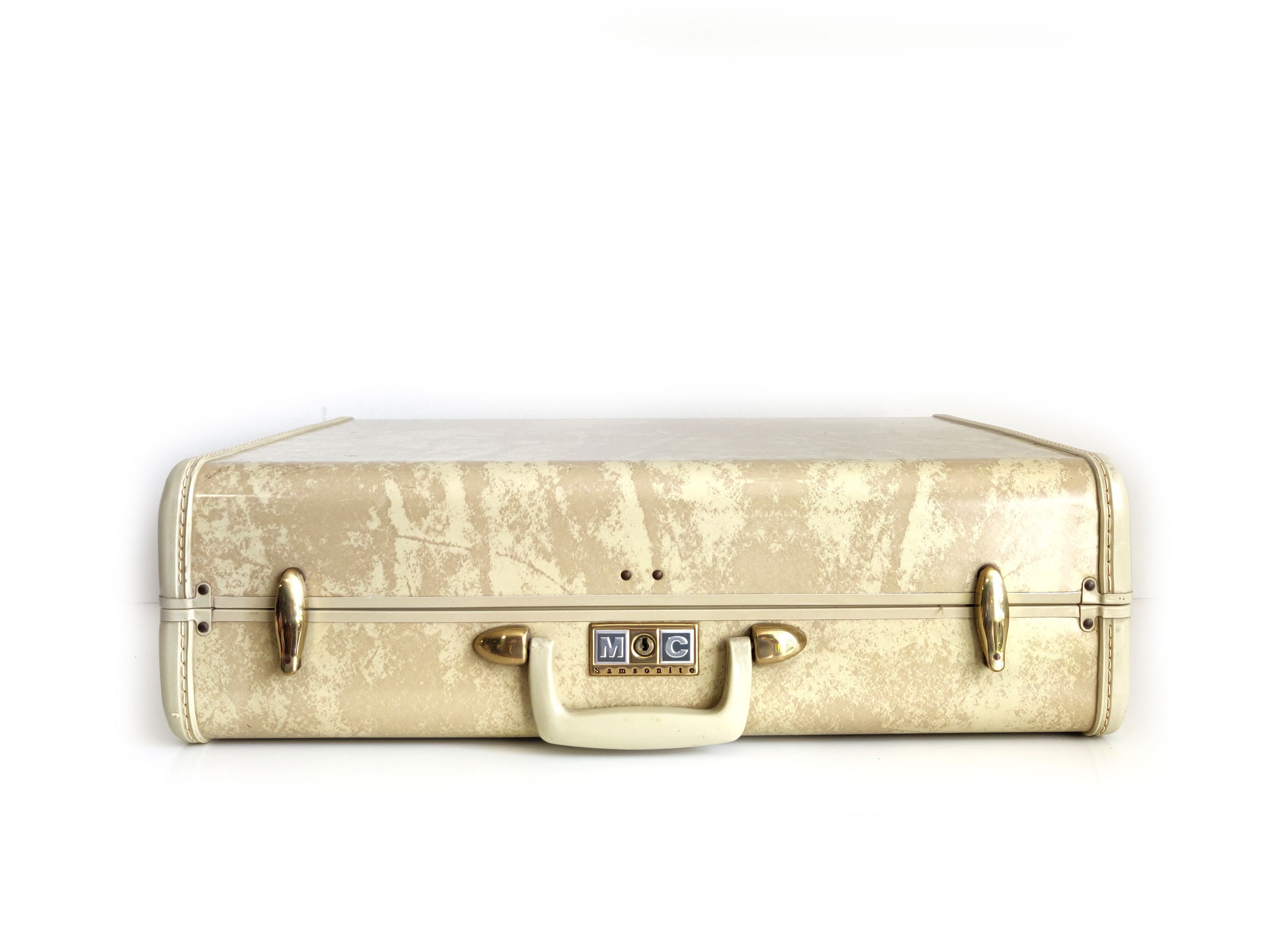 Vtg Antler suitcase tan w original name tag & lining w working lock & keys RM185 