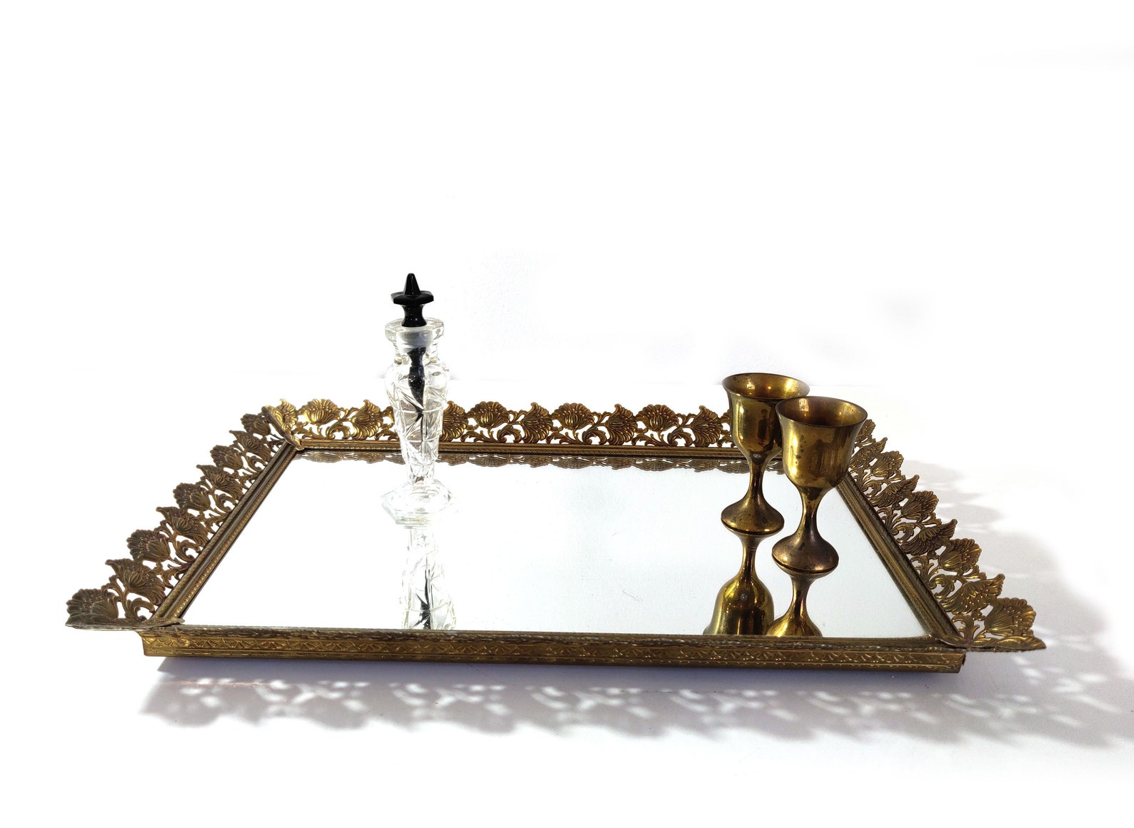 Large Vintage Mirrored Vanity Tray With Brass Filigree Frame Etsy