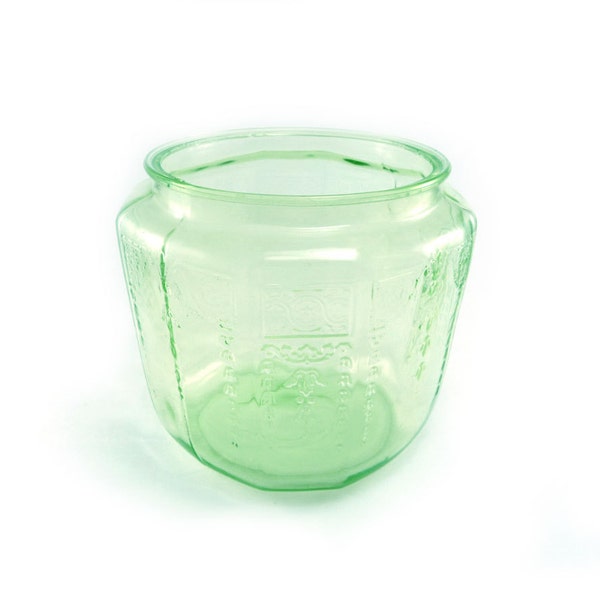 Green princess depression glass jar, vase, mint, emerald, pastel