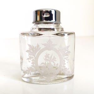 Vintage Frosted Glass Vanity Bottle with twist off silver cap, cologne, perfume, lotion