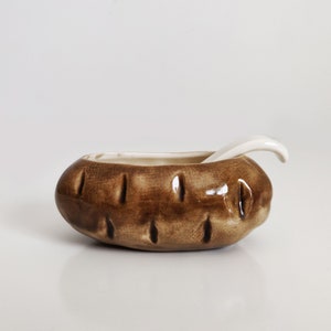 Vintage Ceramic Butter or Sour Cream Serving Dish, potato shaped bowl with spoon
