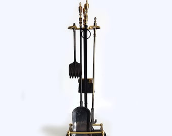 Juego de herramientas y soporte para chimenea de hierro fundido y latón de estilo vintage