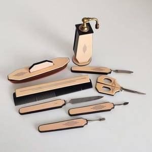 Vintage Art Deco Vanity Set, 8 pieces / manicure set, comb, perfume atomizer