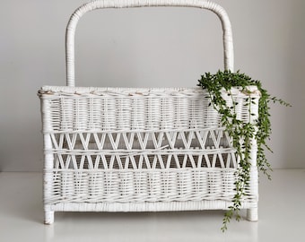 Large Vintage White Wicker Magazine Rack